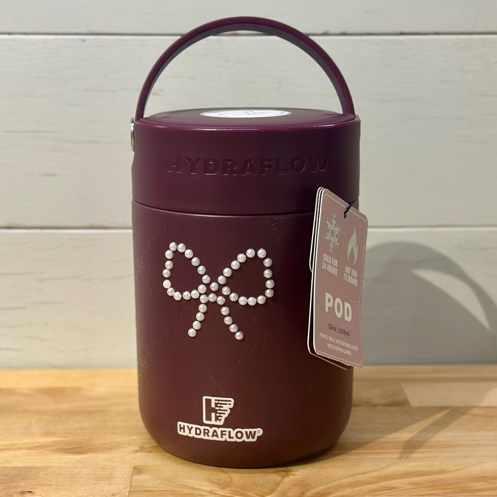 Hydraflow Pod Insulated Food Jar w/ Spoon 28 oz Stainless Steel Purple Pearl Bow